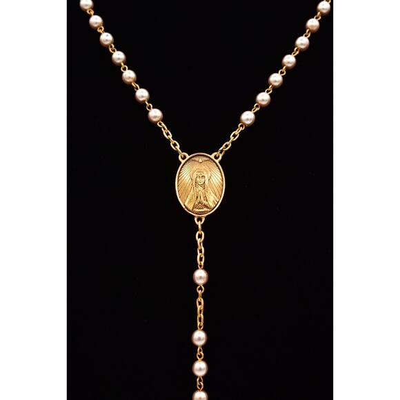 Vintage Vatican Library Collection Pearl Rosary Cross Necklace Gold Signed BinBQ - Picture 3 of 12